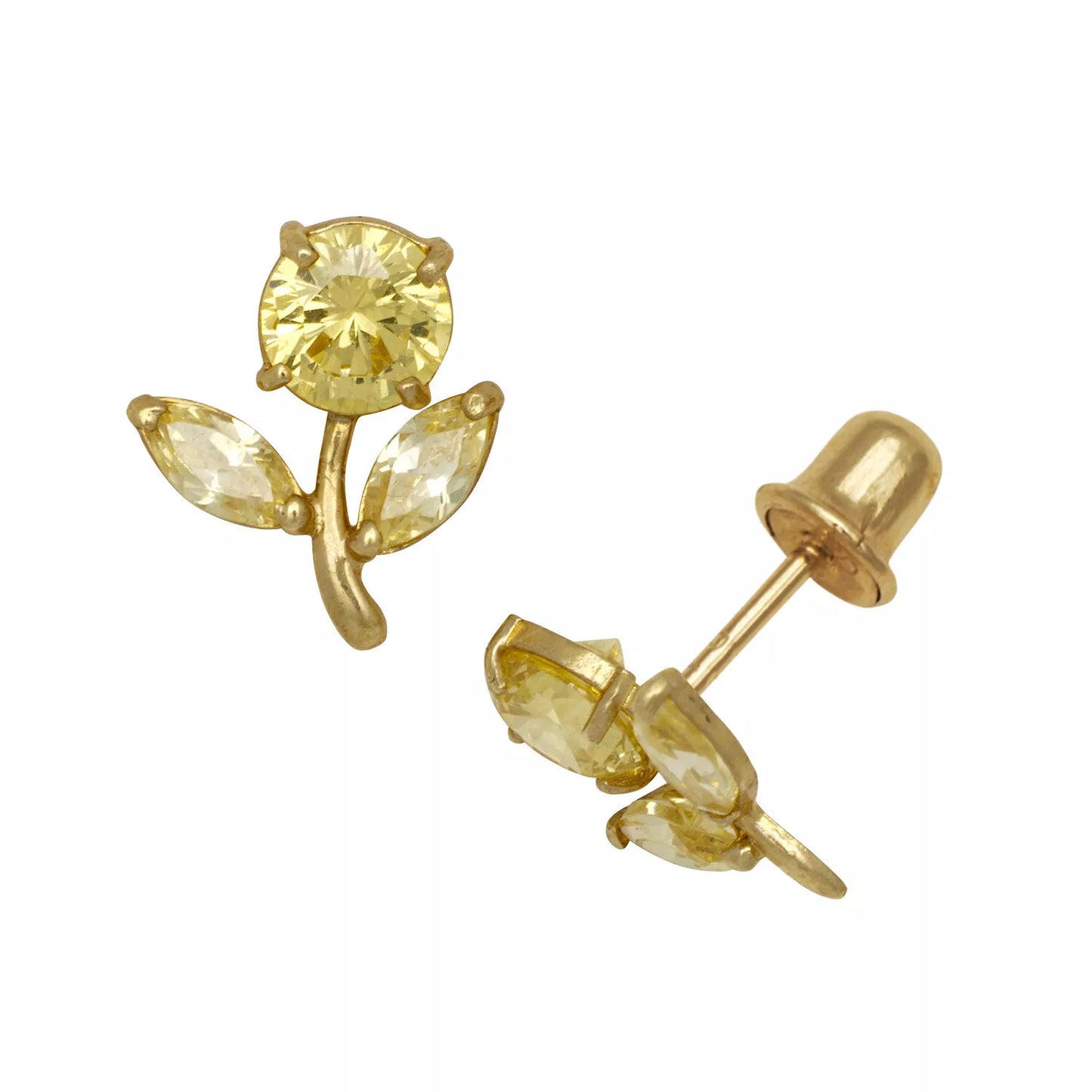 14k Yellow Gold CZ Flower Birthstone Stud Screw Back Earrings