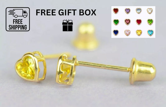 14K Solid Yellow Gold Heart Stud Earrings Birthstone 3MM X 3MM