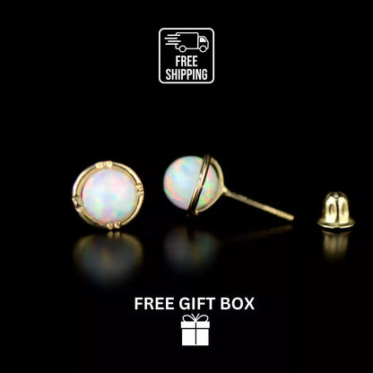 14k Yellow Gold Round Opal Stud Earrings/ Screw Back