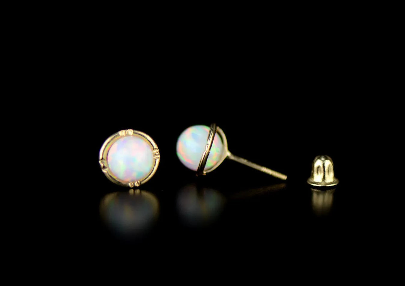 14k Yellow Gold Round Opal Stud Earrings/ Screw Back