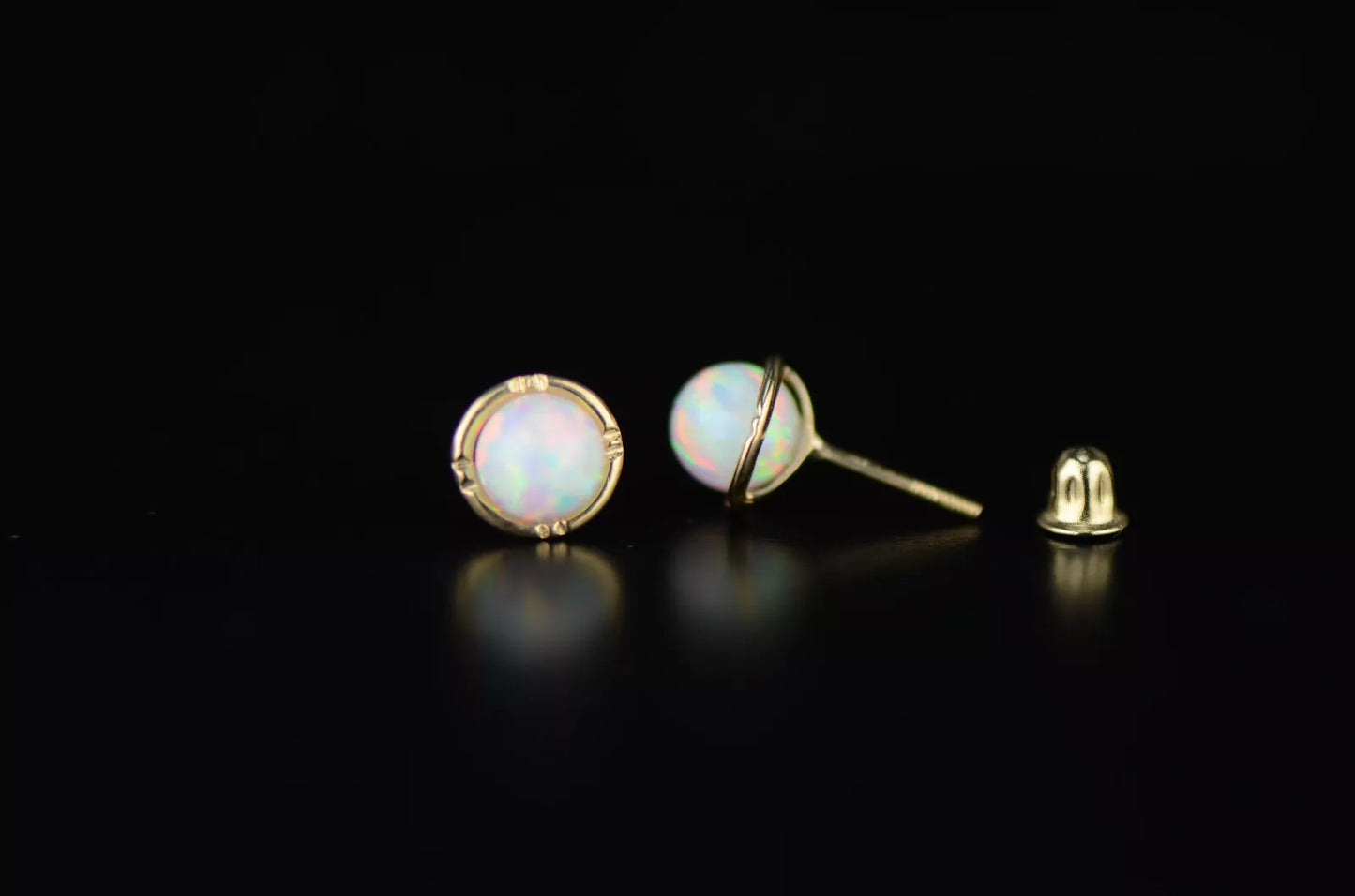 14k Yellow Gold Round Opal Stud Earrings/ Screw Back