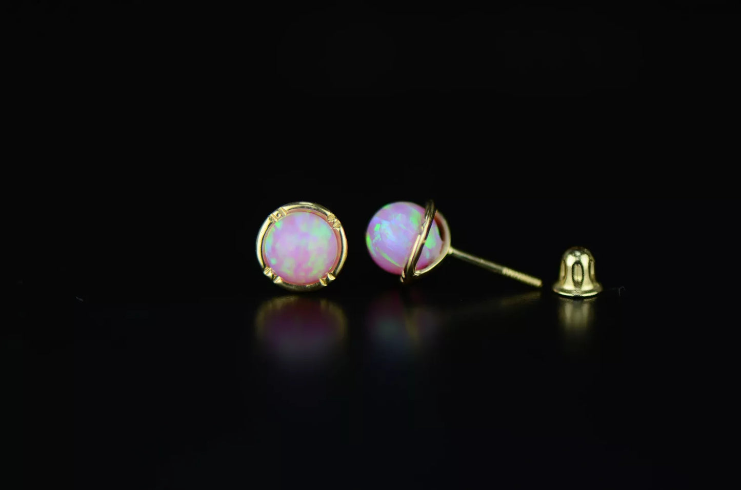 14k Yellow Gold Round Opal Stud Earrings/ Screw Back