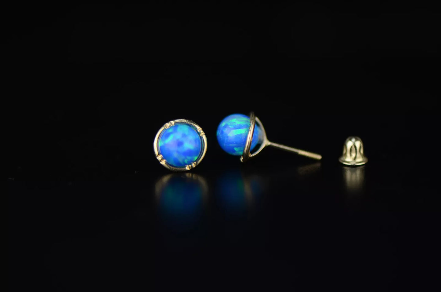 14k Yellow Gold Round Opal Stud Earrings/ Screw Back