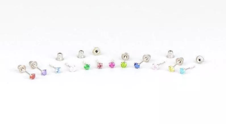 14K Solid White Gold 2.5mm Round Birthstone Stud Earrings with Screw Back