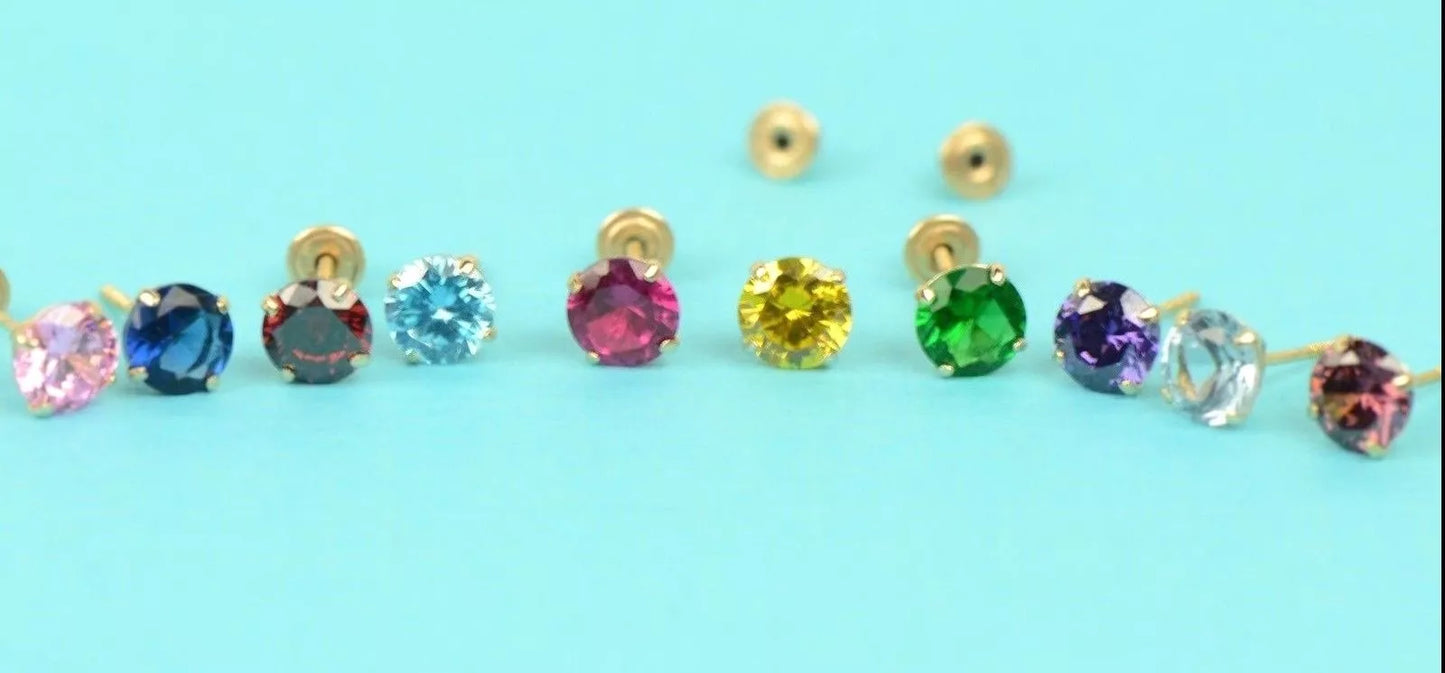 14K Solid Yellow Gold 4mm Round Birthstone Stud Earrings with screw back