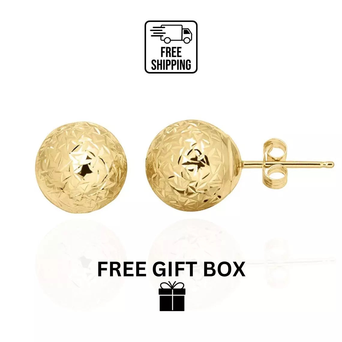 14k Solid Yellow Gold Diamond Cut Ball Stud Earrings