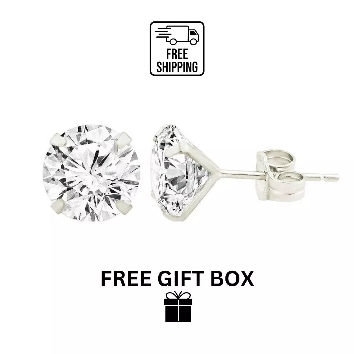 14k White gold round bright clear CZ martini prong set stud earrings1.5-10mm