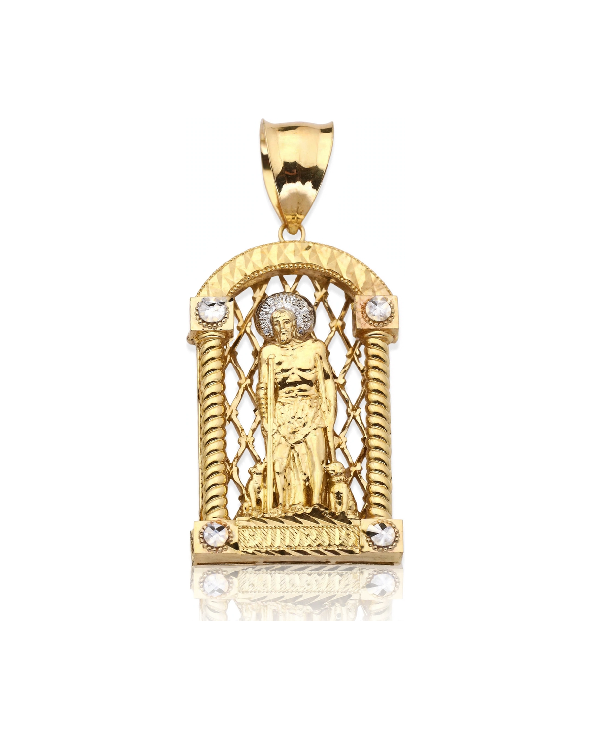 San Lazaro Saint Lazarus Pendant with Halo and CZ Accents - 10K Yellow Gold