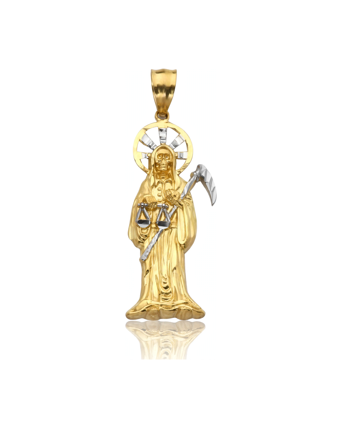 Santa Muerte Figure Scythe Scales Two-Tone Pendant - 10K Gold
