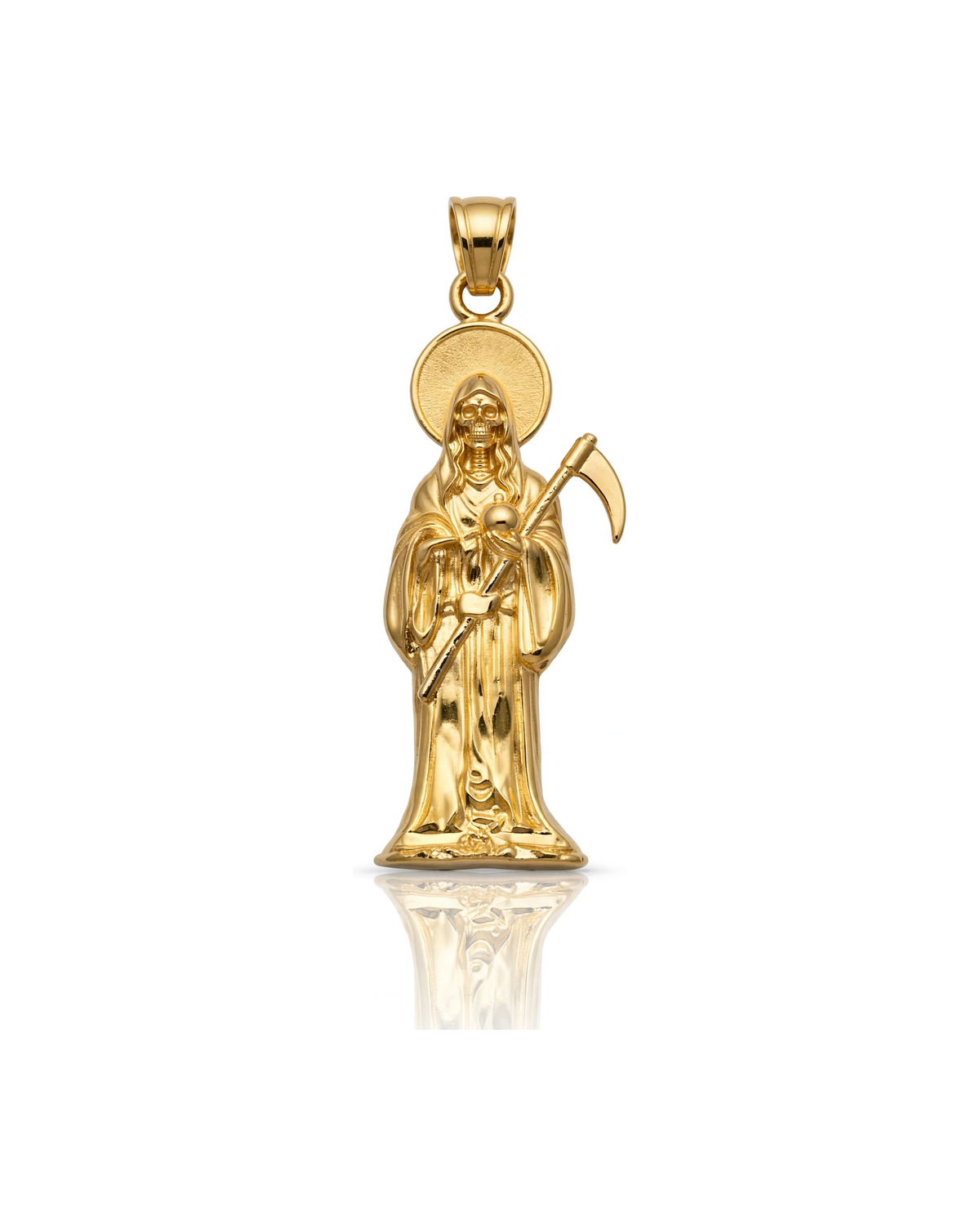 Santa Muerte Figure Scythe Globe Pendant - 10K Yellow Gold