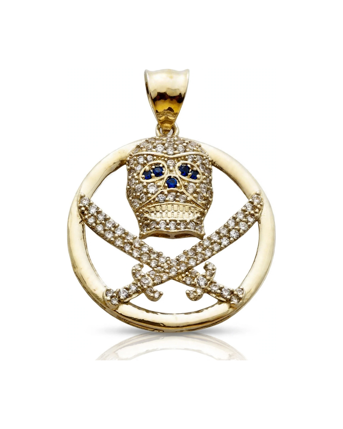 Skull Pendant with Crossed Swords and CZ - 10K Gold