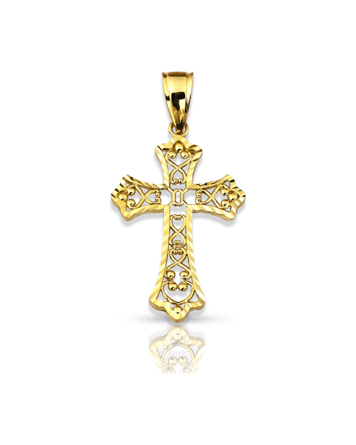 Small Filigree Cross Pendant with Lace Pattern - 10K Yellow Gold