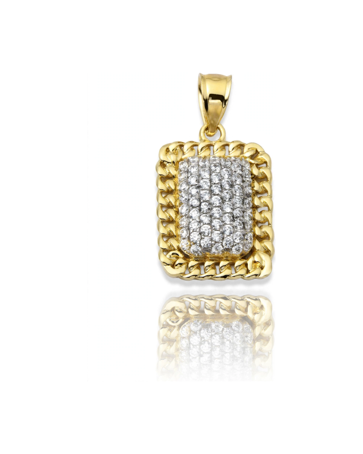 Dog Tag Pendant Rectangular with CZ and Cuban Link Frame - 10K Gold