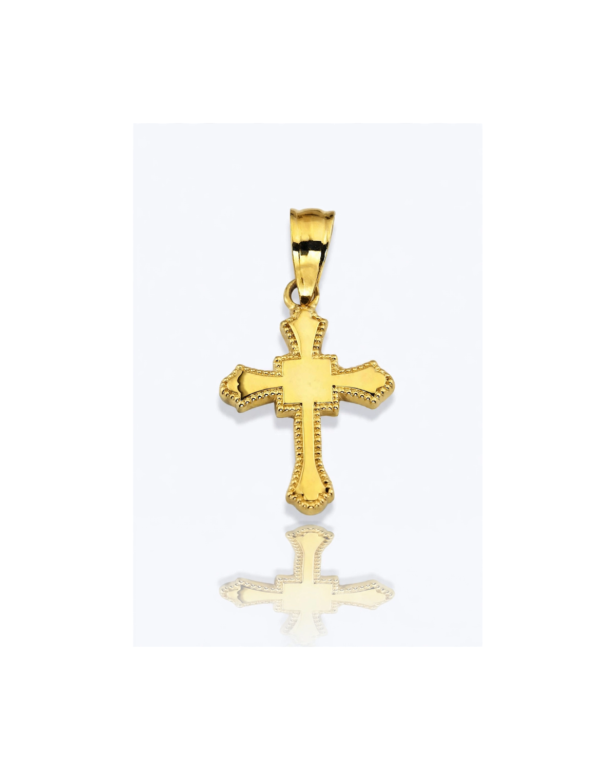 Tiny Budded Cross Pendant with Beaded Border - 10K Yellow Gold