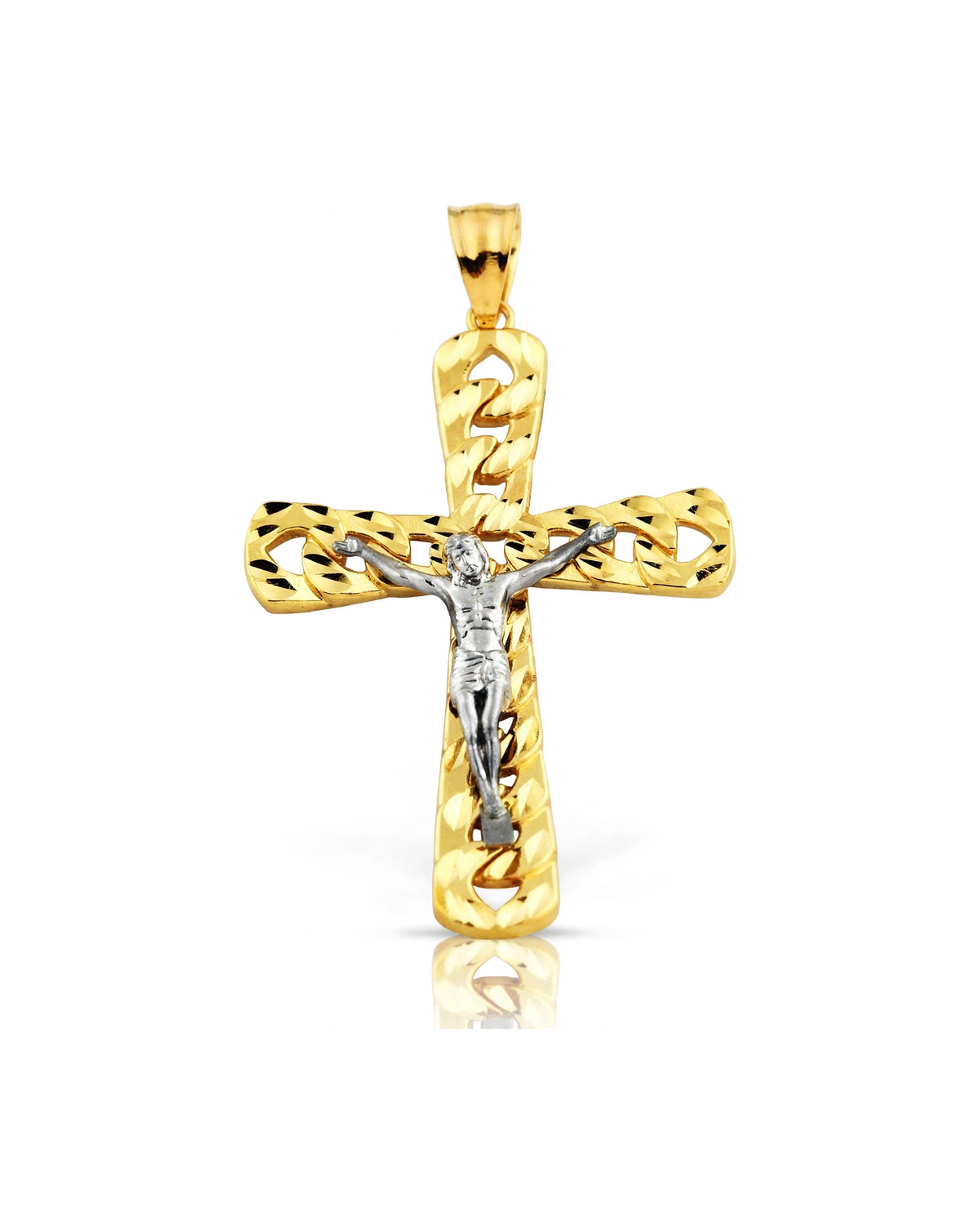 Two-Tone Cuban Link Crucifix Pendant - 10K Gold