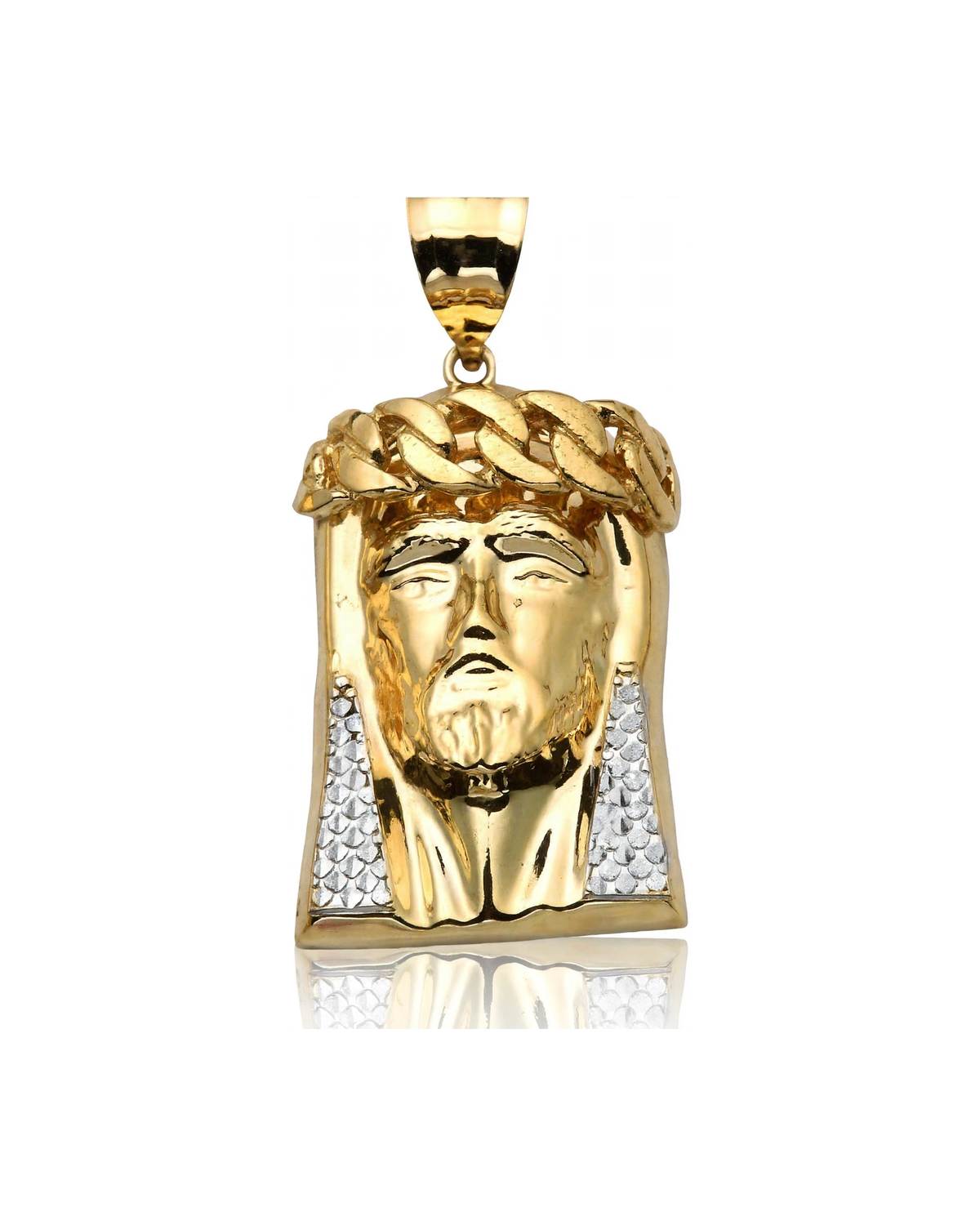 Two-Tone Jesus Face Braided Crown Beaded Panels Pendant - 10K Gold