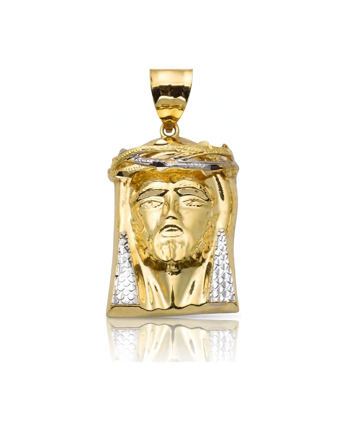 Two-Tone Jesus Face Silver Thorn Band Lattice Back Pendant - 10K Gold