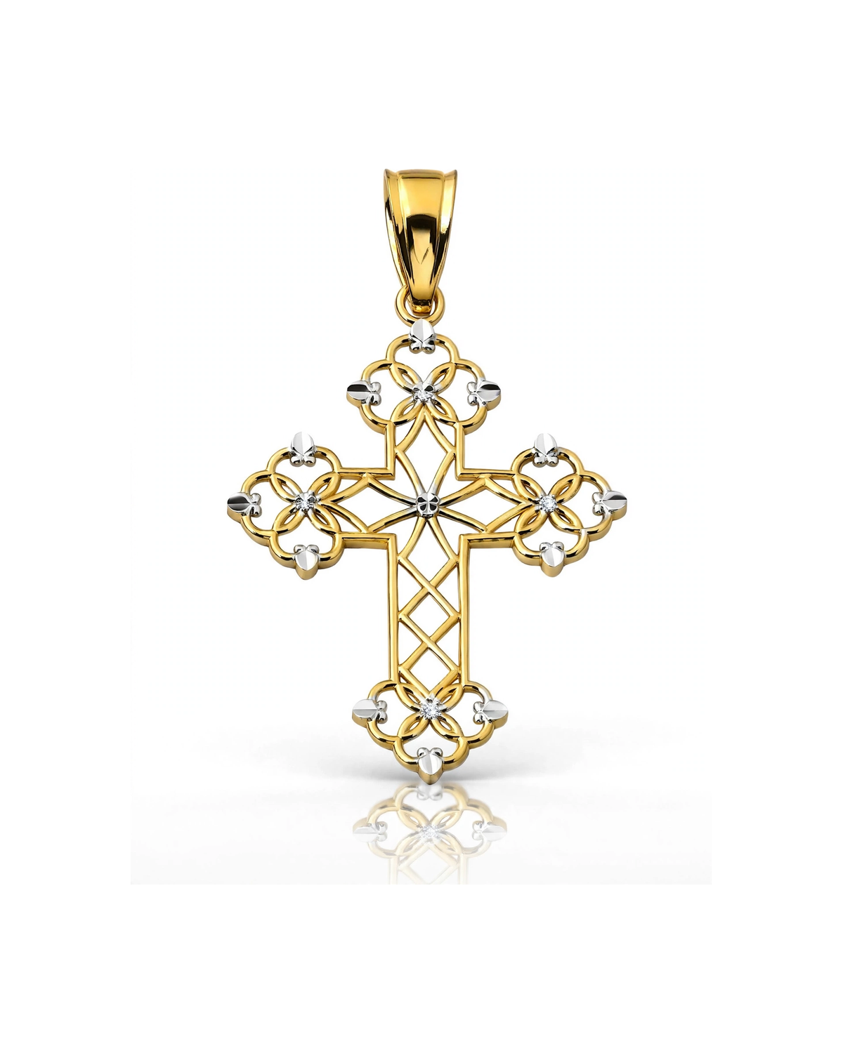 Two-Tone Openwork Cross Pendant with Floral Accents - 10K Gold