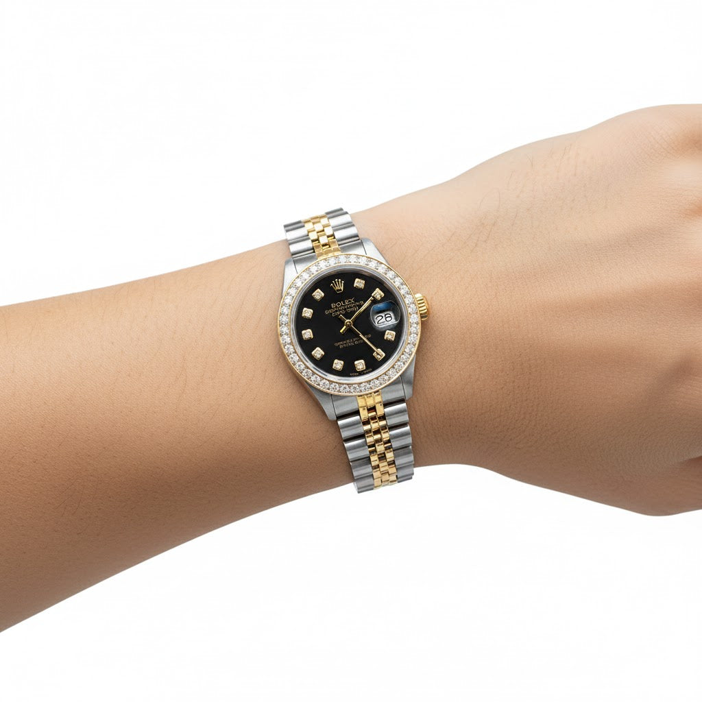 Rolex Datejust Diamond Bezel Watch 26mm Black Diamond Dial | 1.10ct