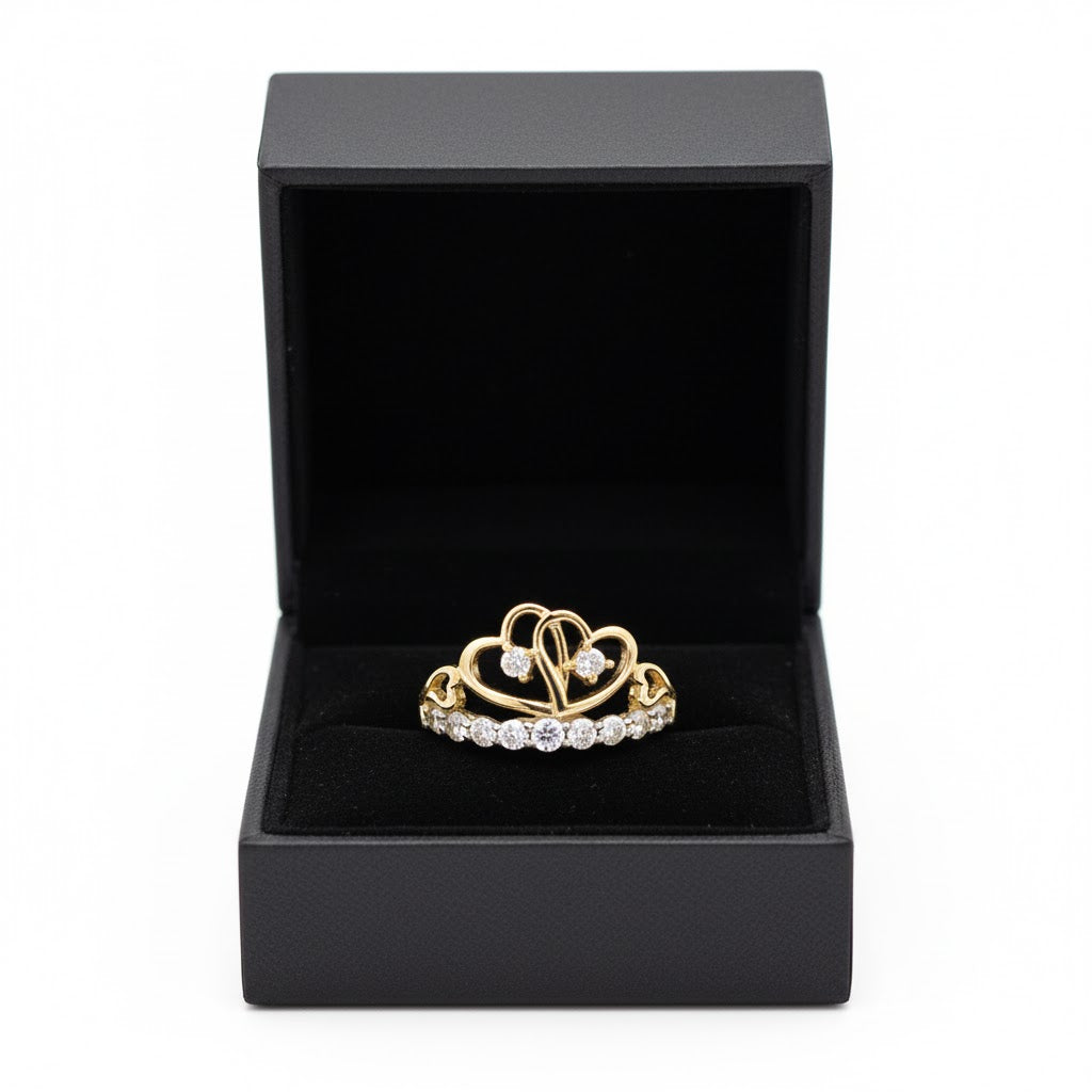 Anillo con circonita cúbica real en forma de corazón y besos de dos tonos - Oro amarillo de 10 quilates