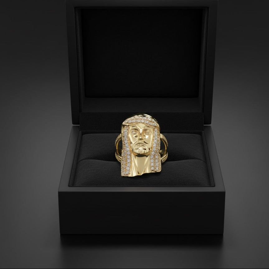 Anillo grande con circonita cúbica y cabeza de Jesús - Oro amarillo de 10 quilates 