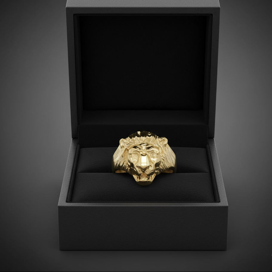 Anillo de oro amarillo con cabeza de león texturizada - Oro amarillo de 10 quilates 