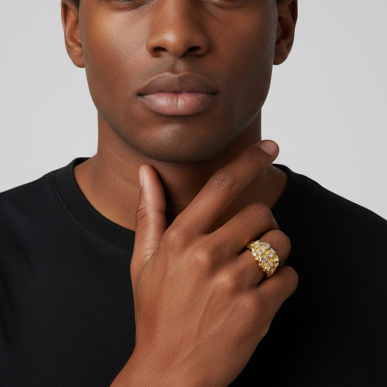 Anillo cuadrado pequeño con pepitas en pavé de dos tonos - Oro amarillo de 10 quilates - Sólido