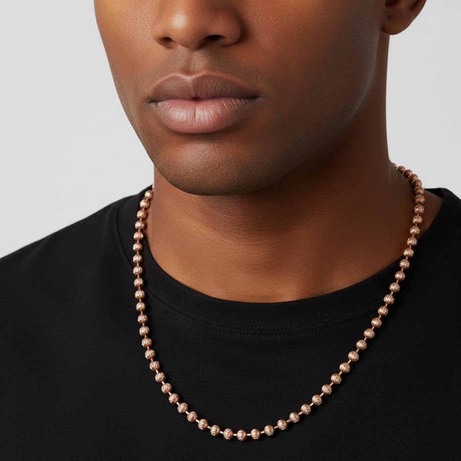Bead Ball Moon Cut Link Chain Necklace - 14K Rose Gold - Solid