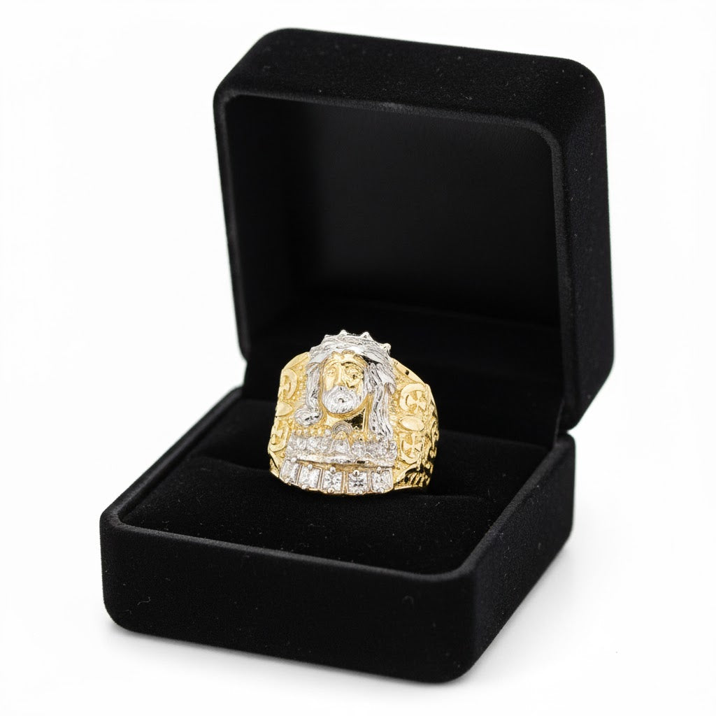 Cabeza de Jesús grande en dos tonos con anillo de circonita cúbica - Oro amarillo de 10 quilates 