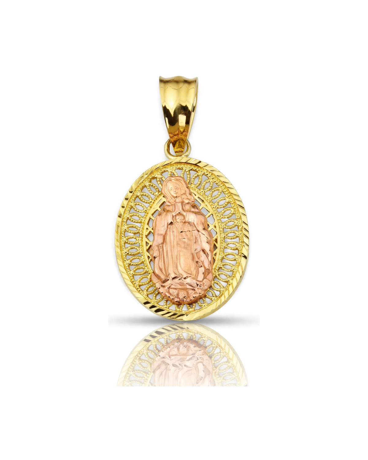 Virgin of Guadalupe Oval Rose Center Pendant - 10K Gold