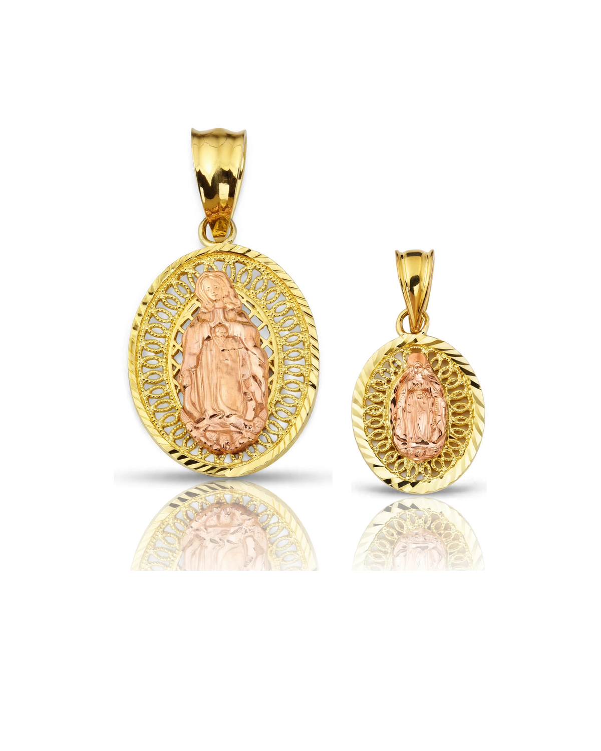 Virgin of Guadalupe Oval Rose Center Pendant - 10K Gold