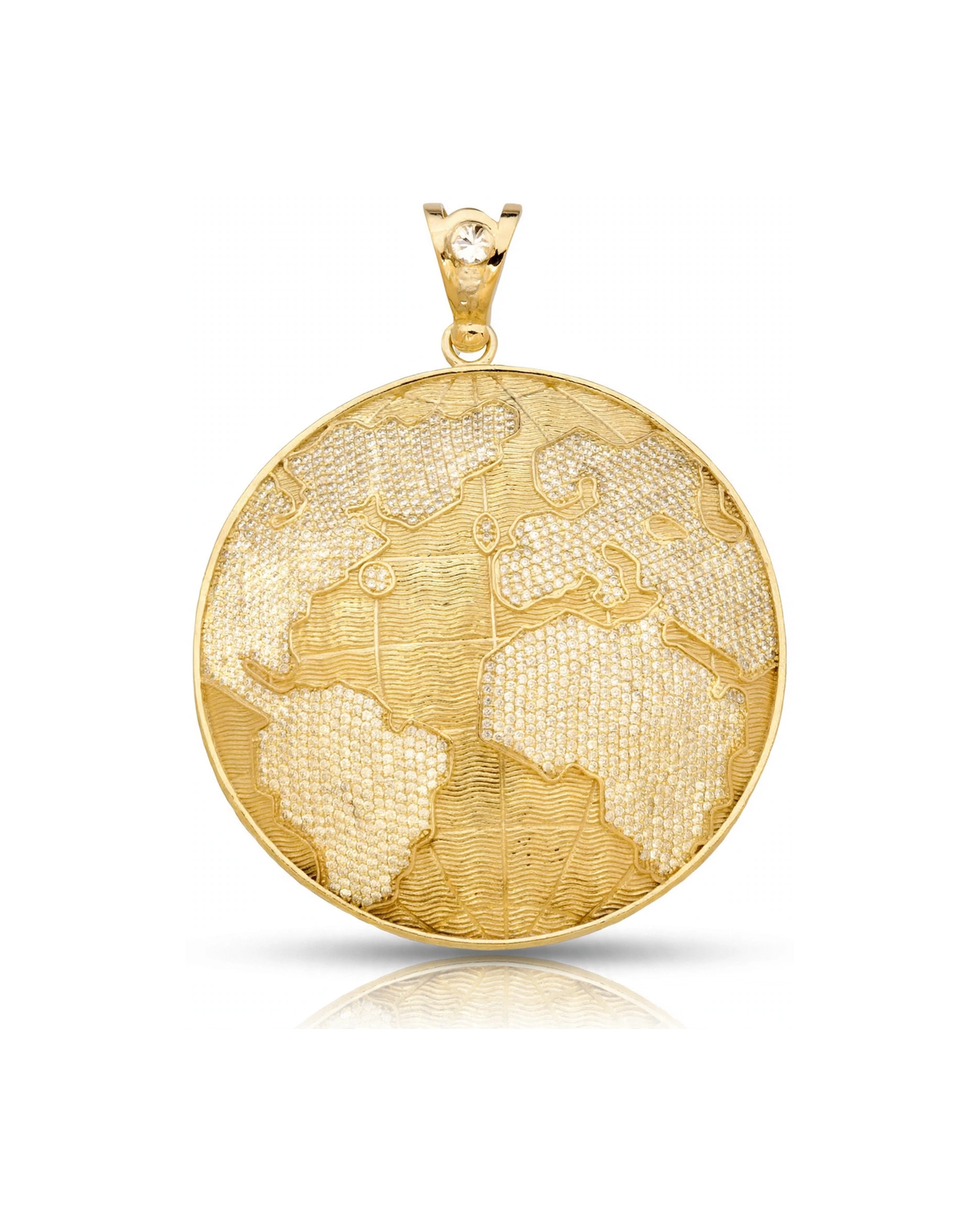 World Map Globe CZ-Studded Round Pendant - 10K Yellow Gold
